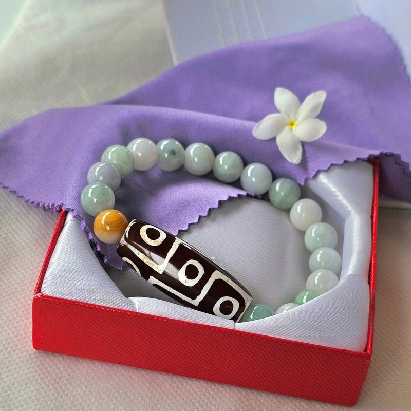 九眼天珠与缅甸翡翠手链。真品翡翠，天然A货翡翠，9.5毫米圆珠。 - 手链/手环 - 石头 多色