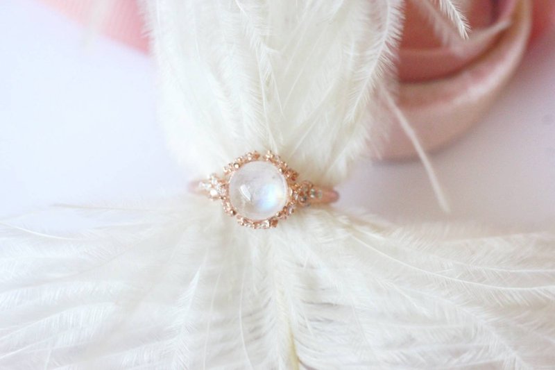 彩虹月光石 925 纯银镀玫瑰金 戒指 - 戒指 - 纯银 白色