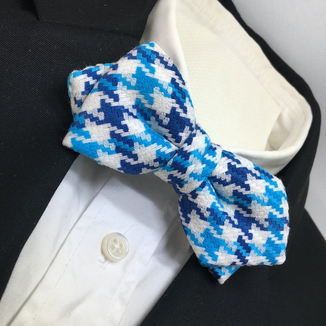 digital houndstooth checked bowtie butterfly Blue - 领结/领巾 - 棉 蓝色