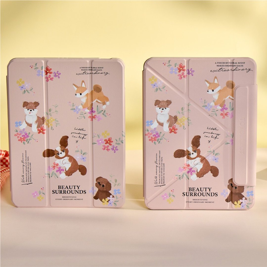 wwiinngg 粉嫩花狗狗强悍磁吸 iPad 三折/Y 折保护壳 - 平板/电脑保护壳 - 塑料 多色