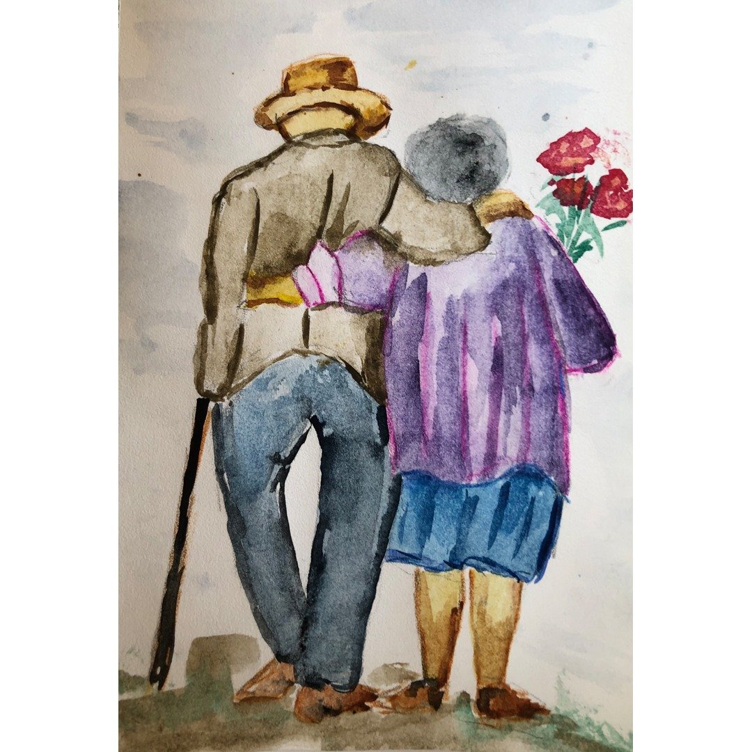 Elderly couple painting, Original watercolor, Romantic painting Happy couple - 海报/装饰画/版画 - 纸 