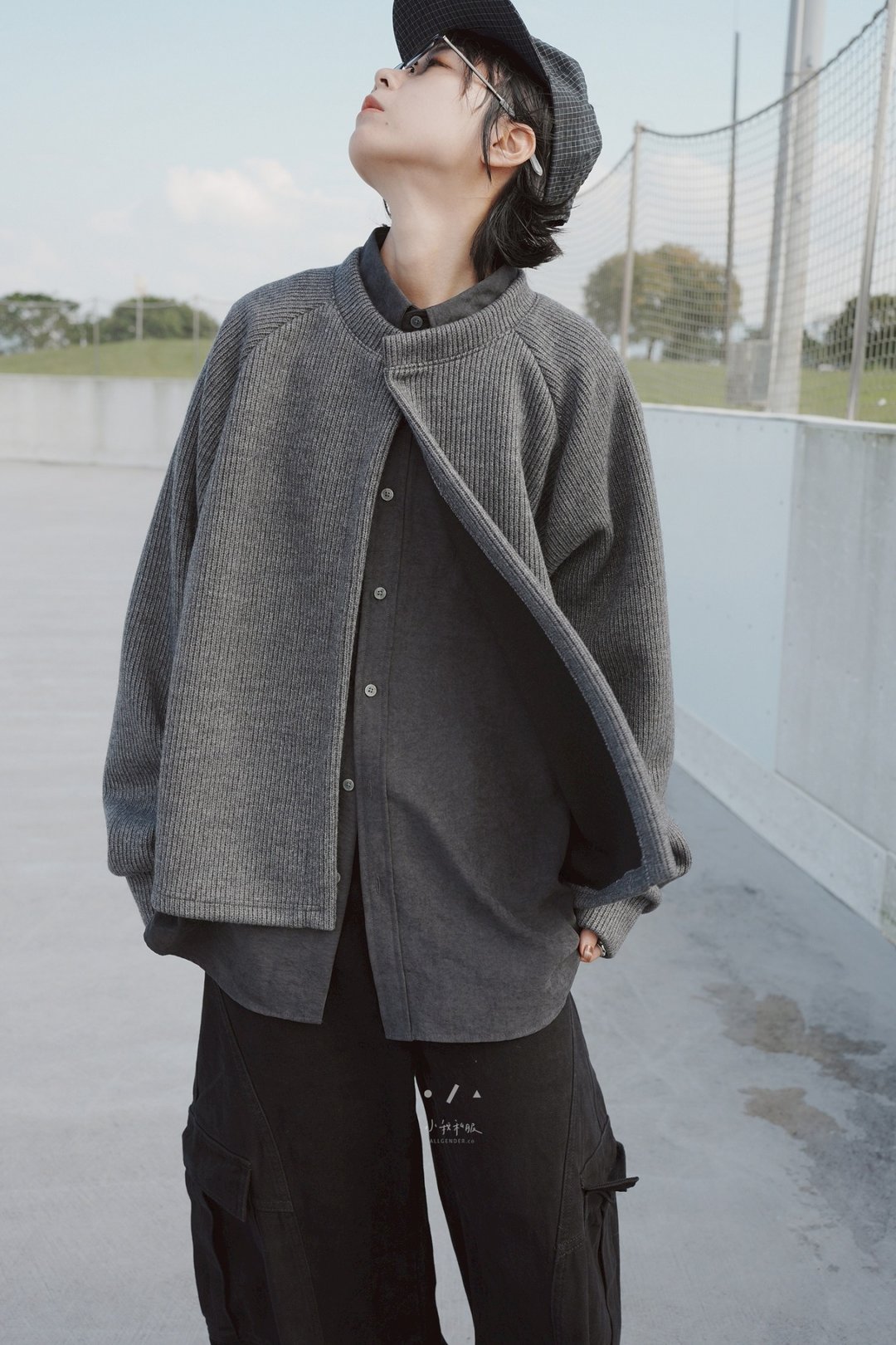 极简主义隐藏单扣毛衣外套wool 40% - 2色 - 灰 - 女装针织衫/毛衣 - 羊毛 灰色