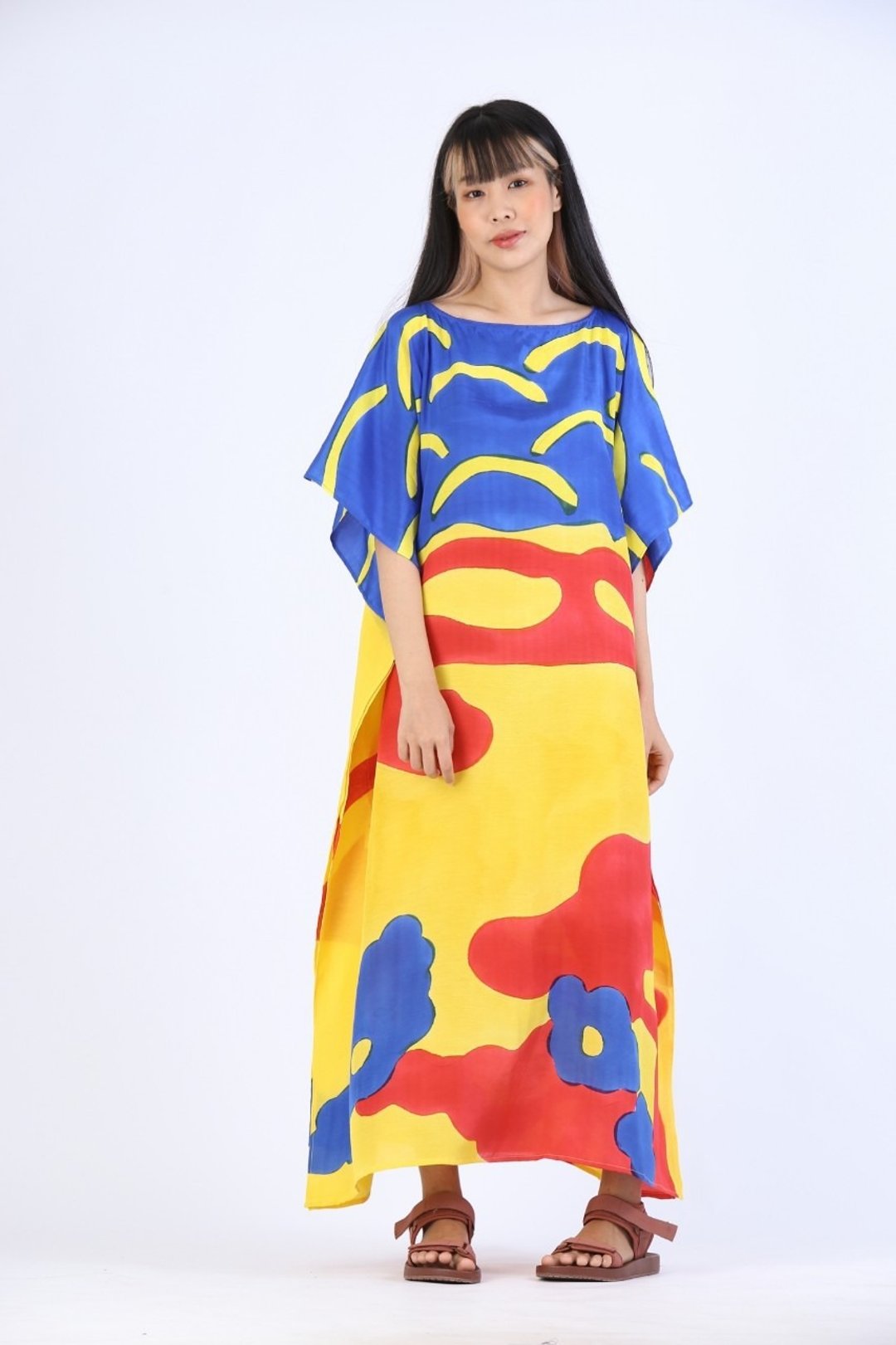 Hand Painted Cotton-Silk Kaftan - Free Size - 洋装/连衣裙 - 聚酯纤维 多色