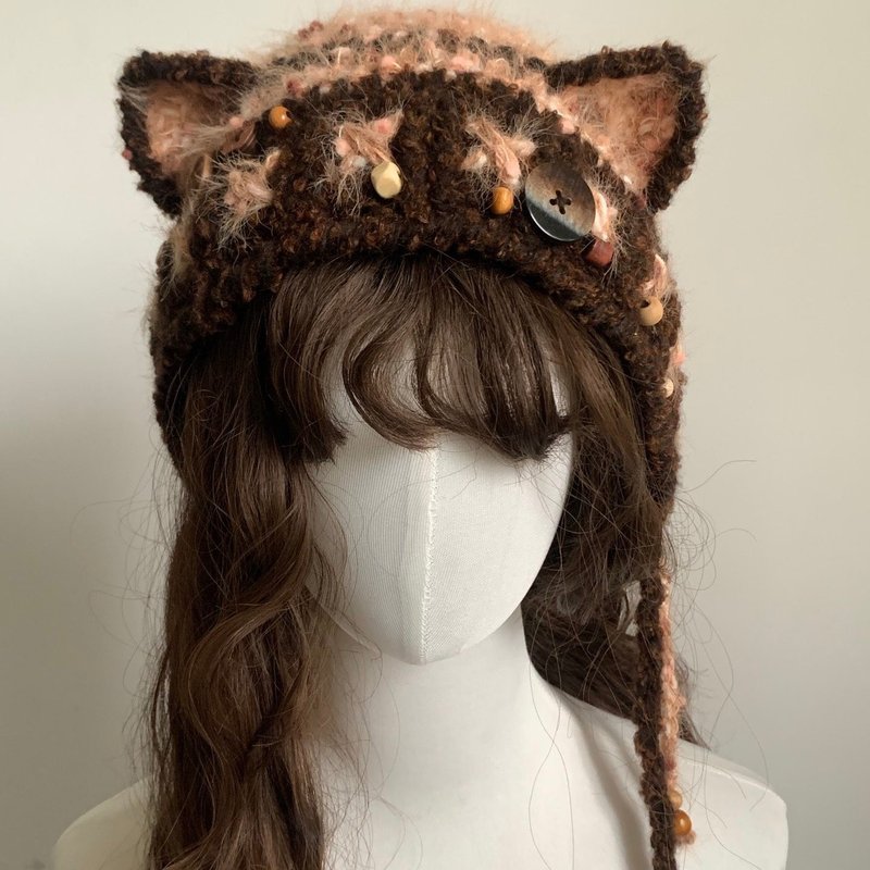 栗棕连帽帽 | 猫耳/无耳款 | 手工保暖冬帽 - 帽子 - 其他材质 