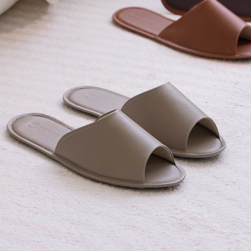 牛皮开口胶底室内拖鞋-暖灰 - 室内拖鞋 - 真皮 灰色