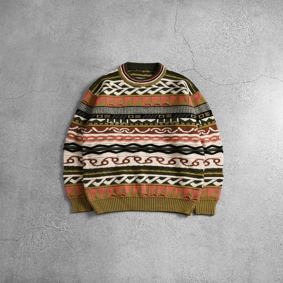 Vintage 立体织纹毛衣 / 图腾毛衣、苦瓜纹毛衣、复古图腾毛衣 - 男装针织衫/毛衣 - 羊毛 橘色