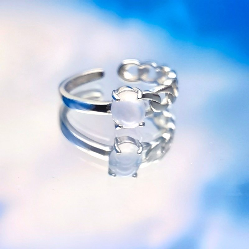 纯银系列 - 白冰蛋面翡翠纯银开口戒指 - 戒指 - 宝石 