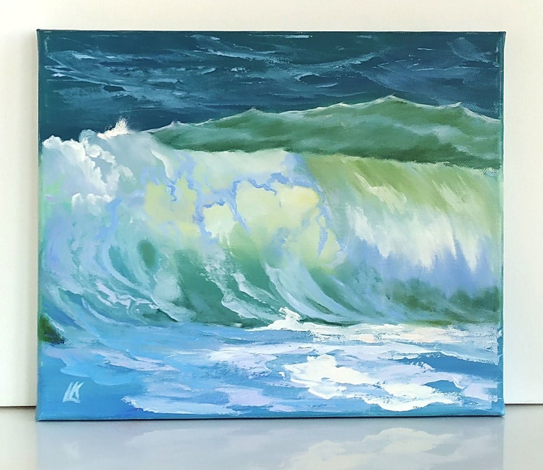 画布上的大波浪油画暴风雨海堤艺术蓝色翡翠波浪绘画 - 海报/装饰画/版画 - 棉 