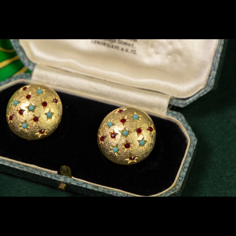 美国古董 古文明厚金风格 星芒镶嵌仿红宝土耳其石 镀金圆形耳夹 - 耳环/耳夹 - 其他金属 金色