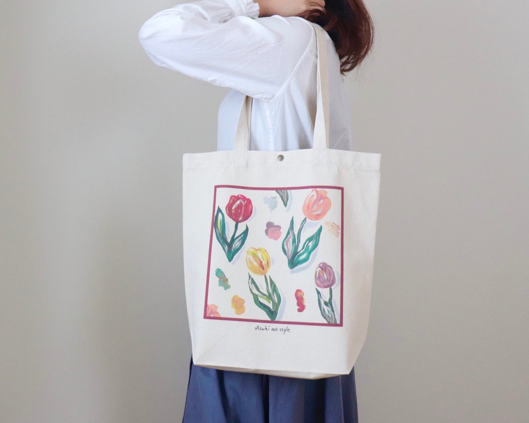 TULIP Art Canvas Tote Bag - 手提包/手提袋 - 棉 白色