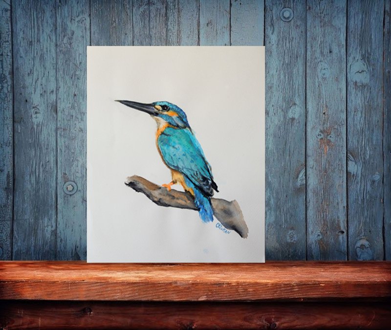 翠鸟画雀原创水彩雀墙艺术翠鸟艺术品 - 海报/装饰画/版画 - 环保材料 蓝色