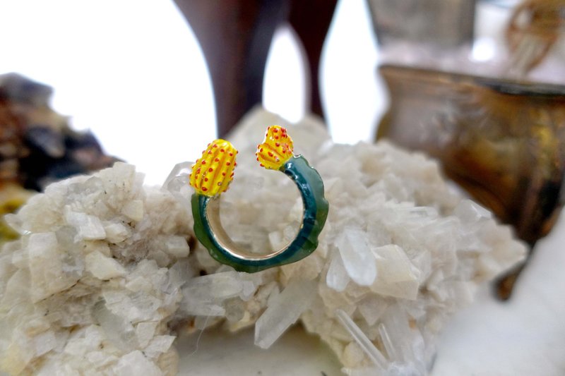 日本中古手工仙人掌珐琅黄铜镀18K真黄金戒指 高级古着二手饰品 - 戒指 - 其他金属 绿色