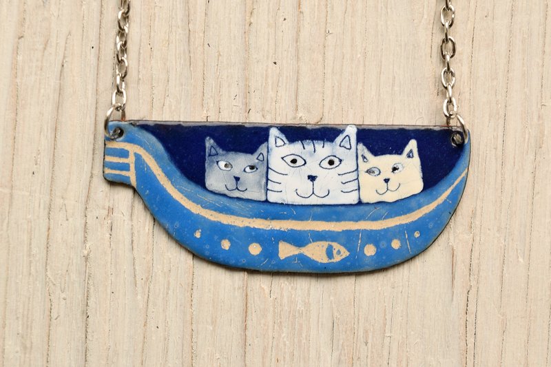Enamel Necklace, Cat Necklace, Venice Cat, Gondola,  Enamel Jewelry, Lovers, - 项链 - 珐琅 蓝色