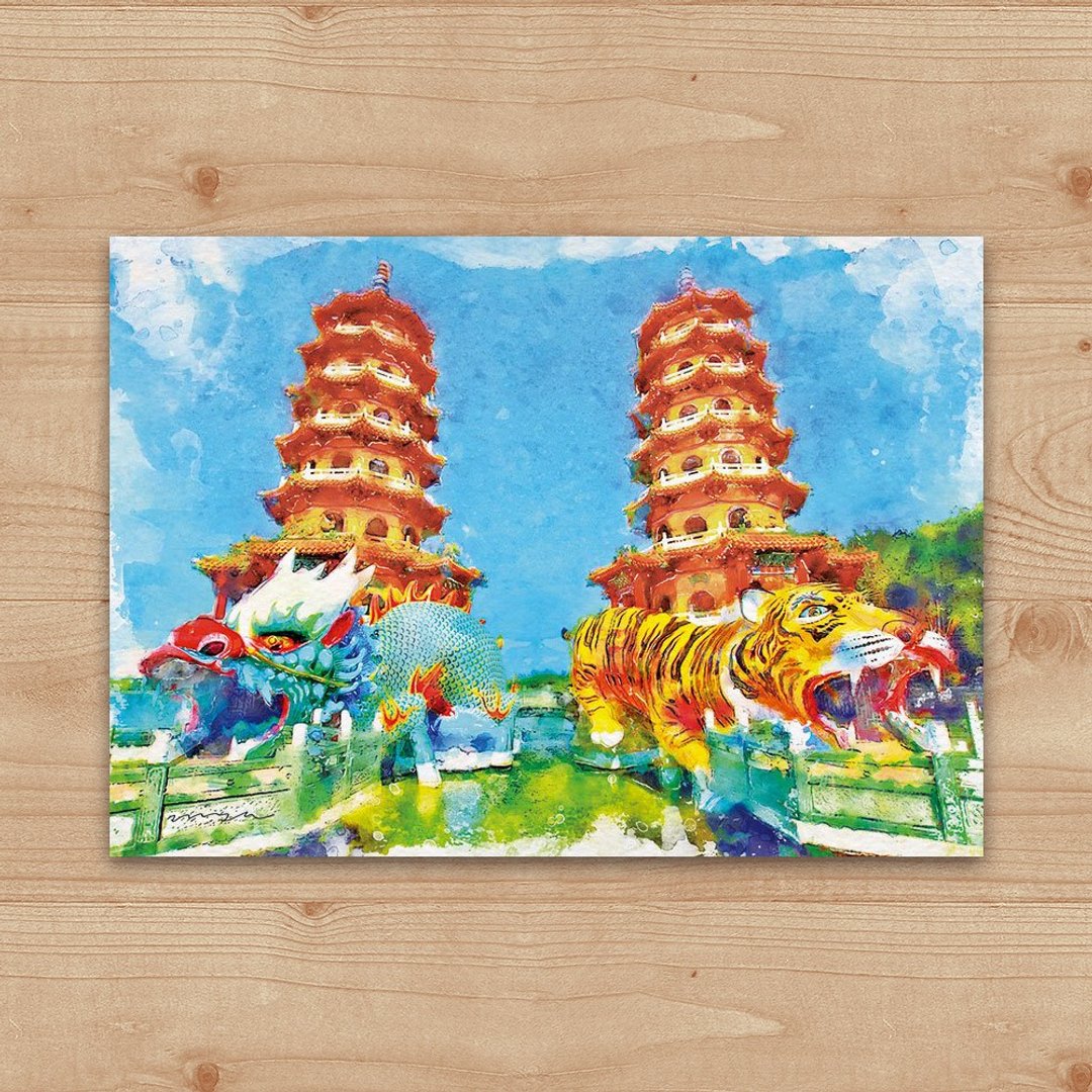 明信片 绘画系列 – 高雄 龙虎塔 - 卡片/明信片 - 纸 白色