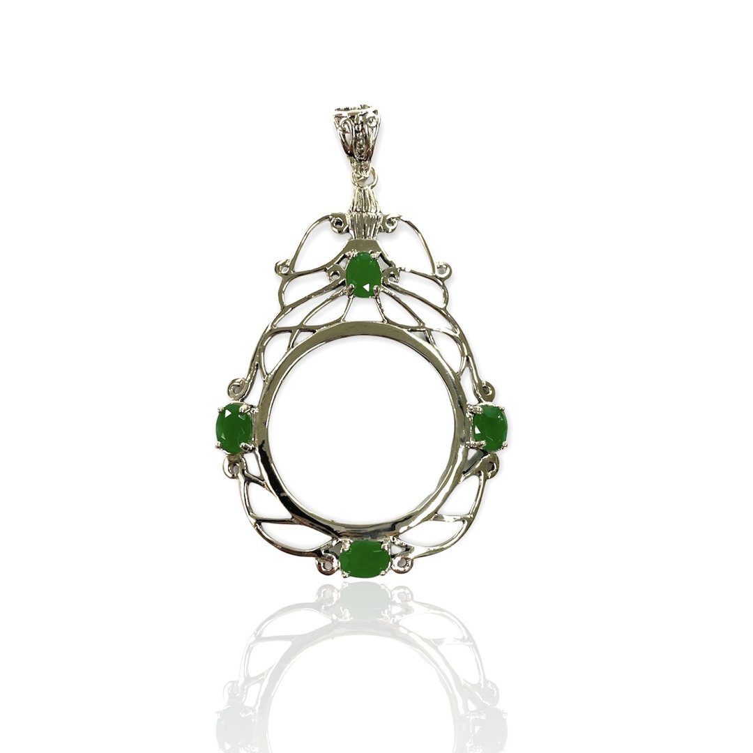 Victorian Style Magnifying Glass Loop Pendant Emerald Stone 925 Sterling Silver - 其他 - 纯银 银色