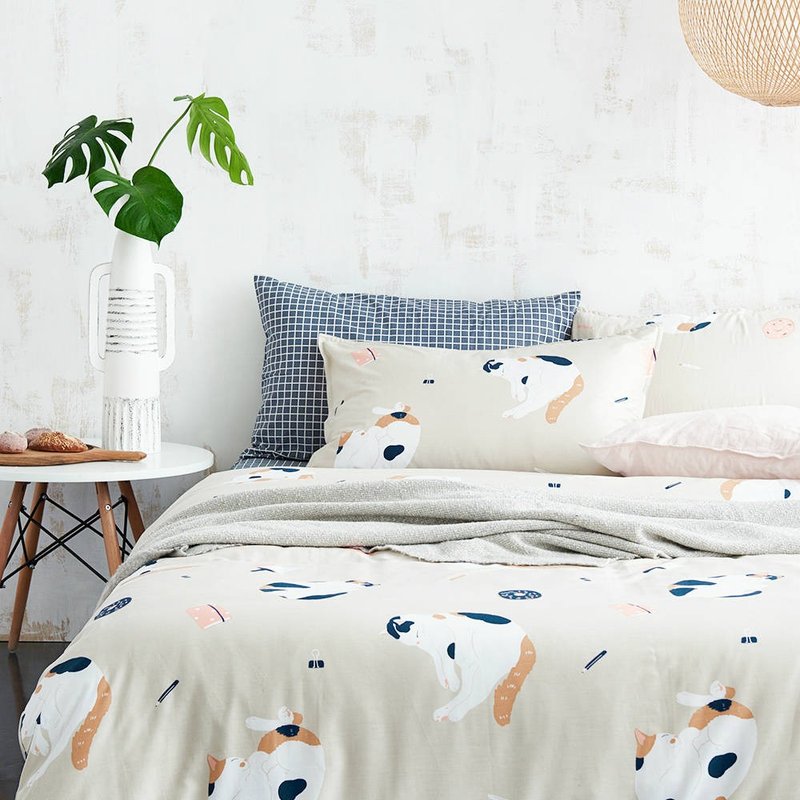 寐寐喵 枕套+被套兩件組 單人雙人原創手繪貓咪40支純棉 床包另購 - 寝具 - 棉．麻 卡其色