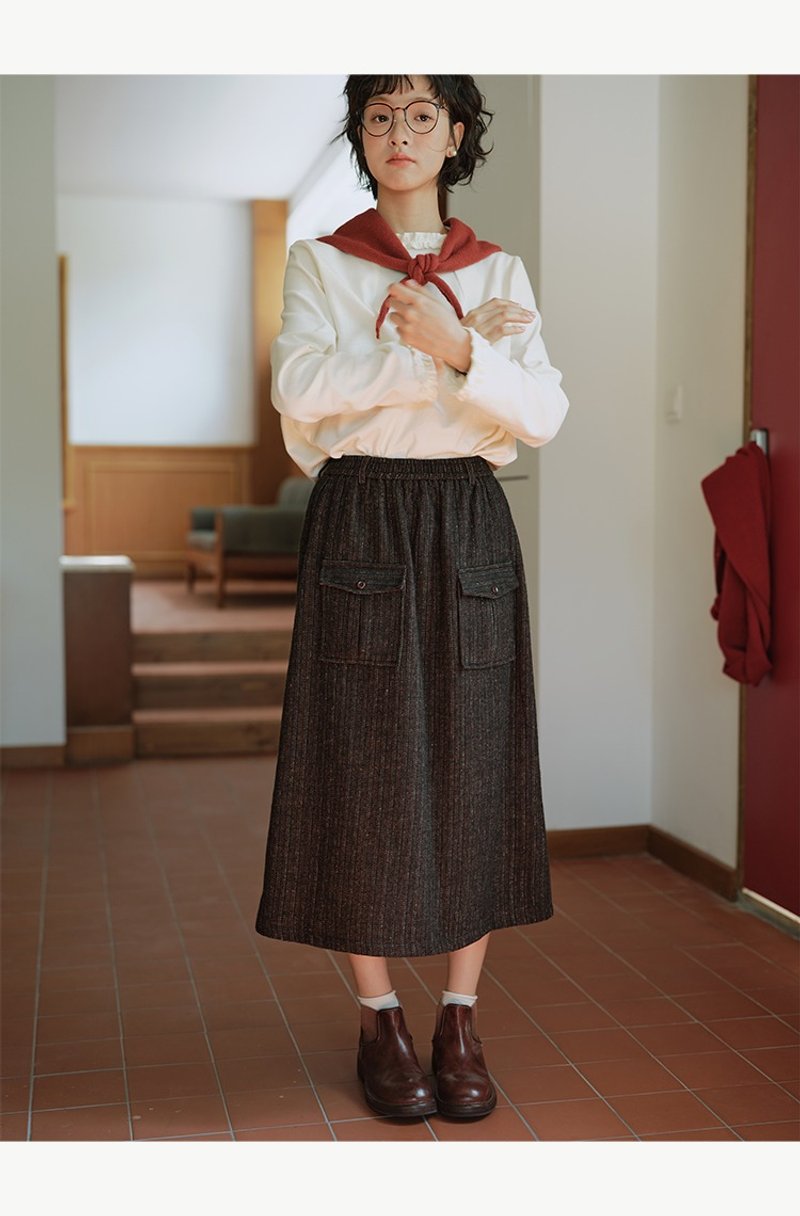 羊毛混纺条纹半身裙松紧腰 - 裙子 - 羊毛 蓝色