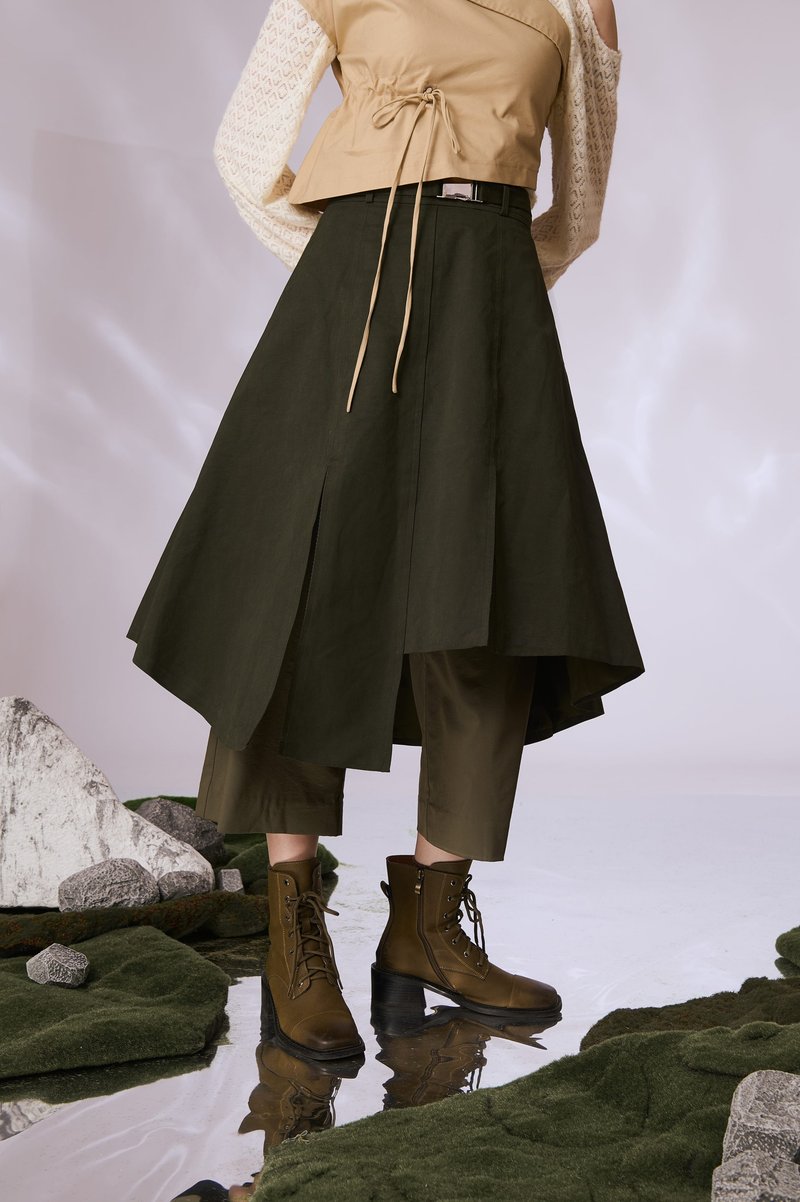 不对称开衩裙 - 墨绿 - 裙子 - 棉．麻 绿色