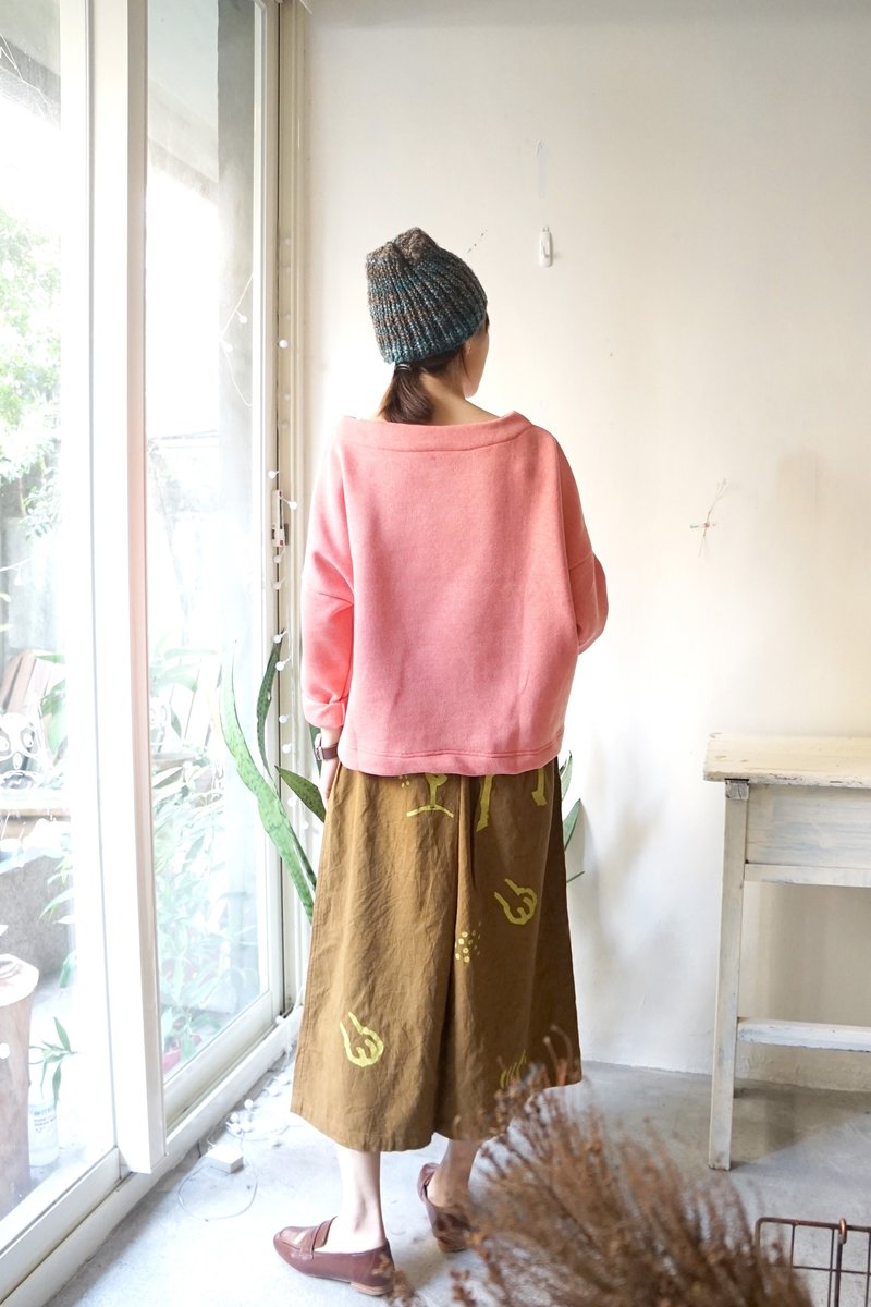 粉粉刺绣可爱厚棉圆领宽袖上衣 - 女装上衣 - 棉．麻 粉红色