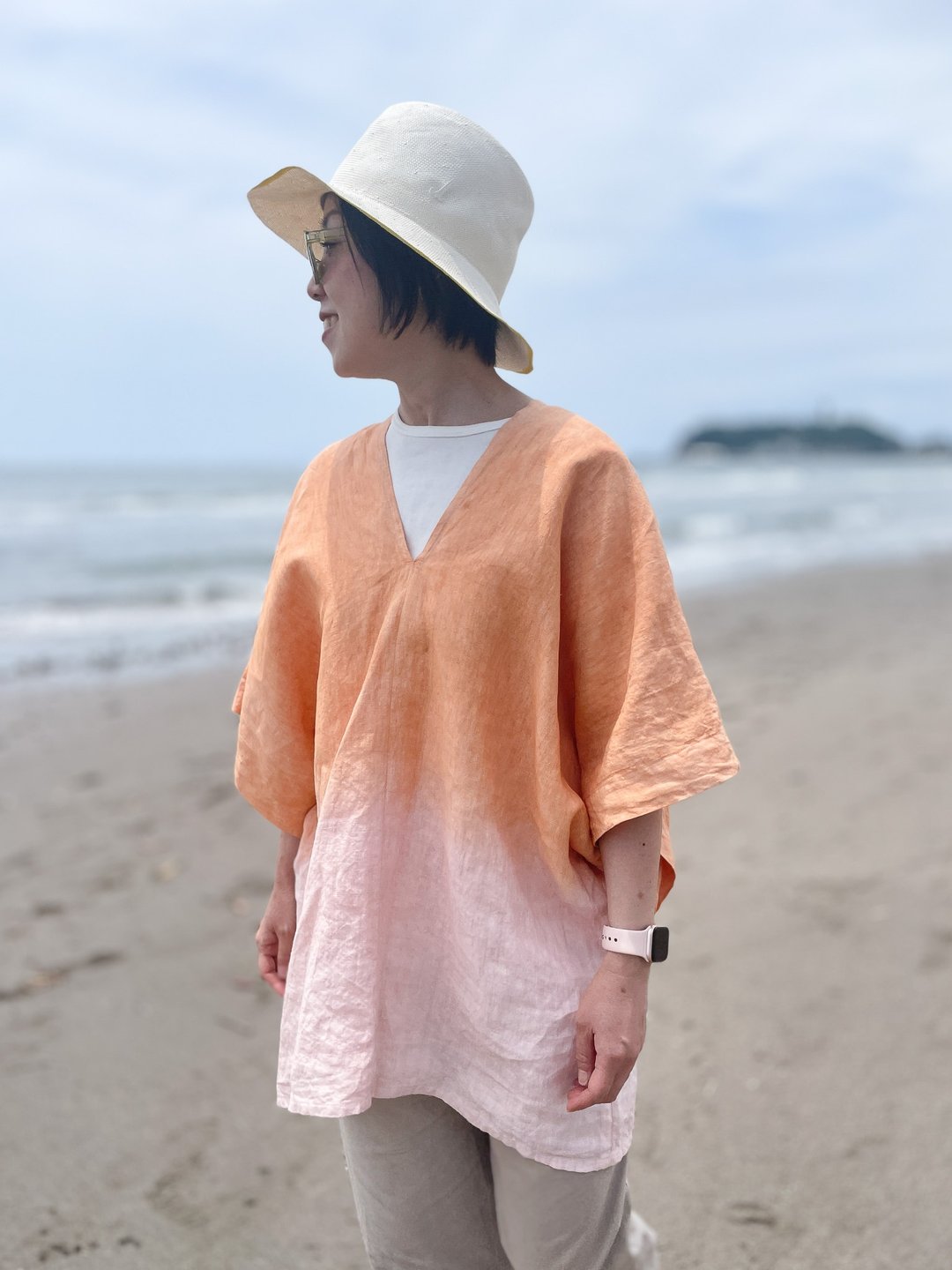 法国亚麻红柄土染罩衫 - 女装上衣 - 棉 橘色