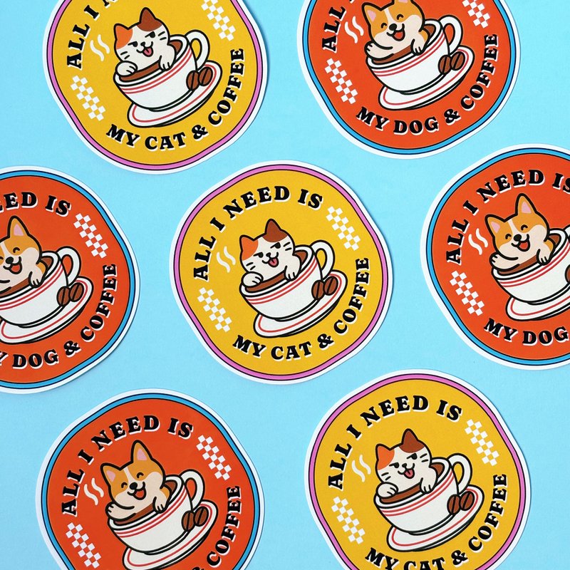 汪喵香港游系列 | 猫咪/狗狗 × 咖啡 PVC贴纸 - 贴纸 - 纸 多色