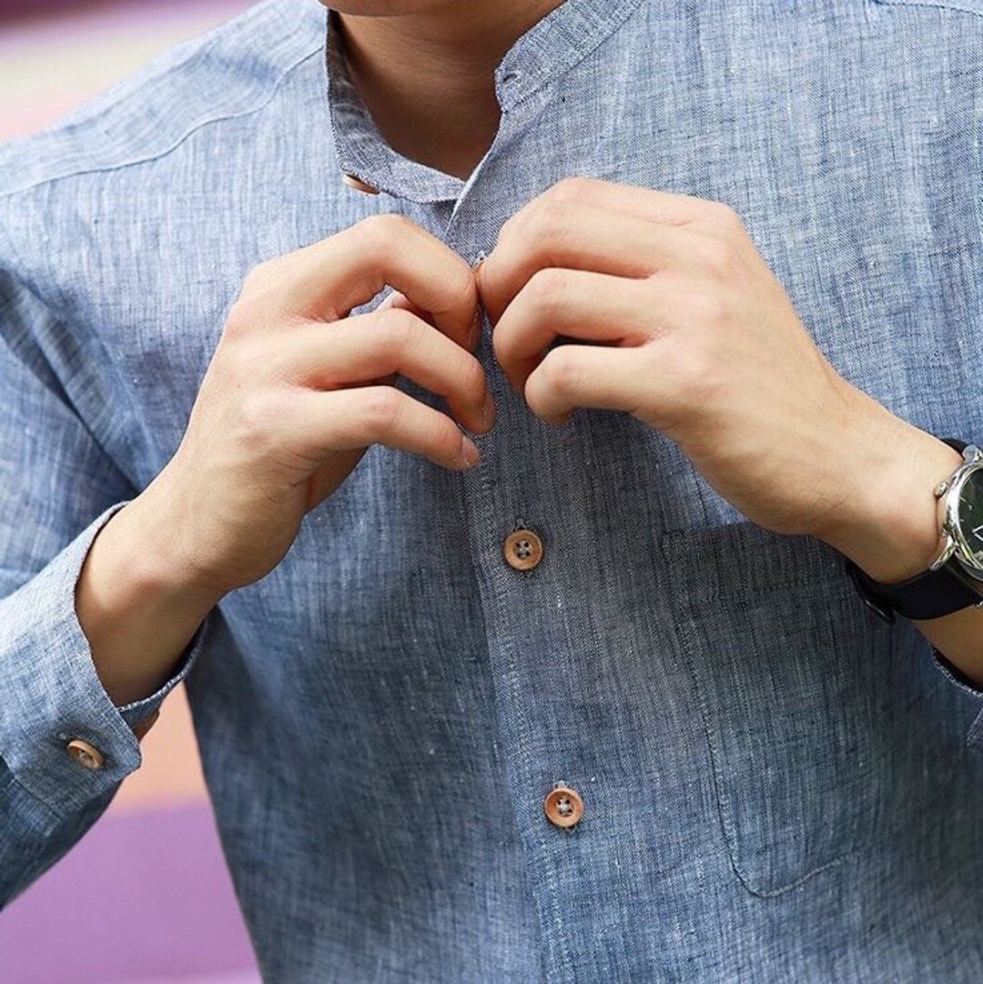 Mandarin Comfy Linen Shirt - 男装衬衫 - 棉 灰色