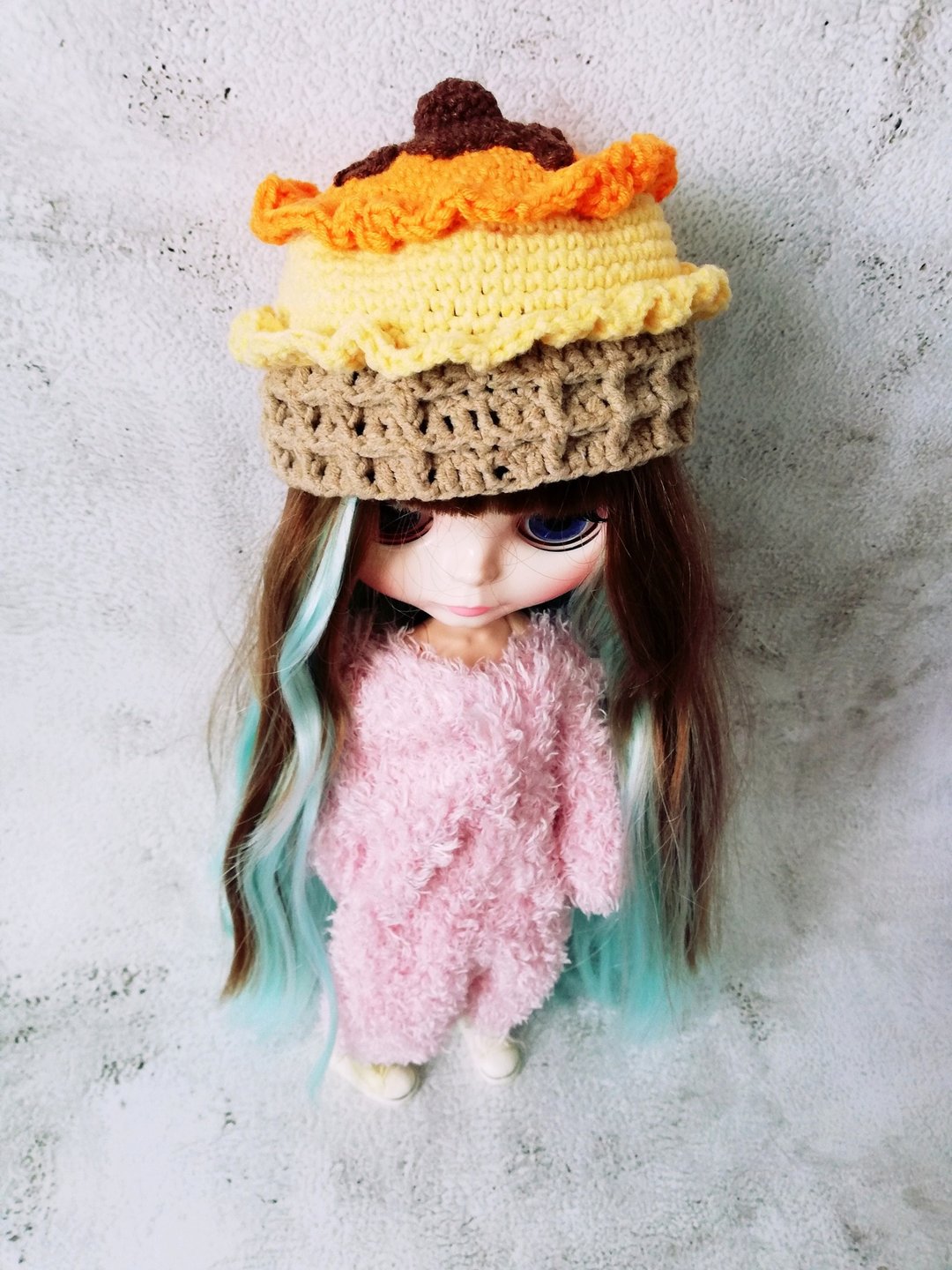 Blythe hat crochet orange yellow Ice Cream - 玩偶/公仔 - 棉 橘色