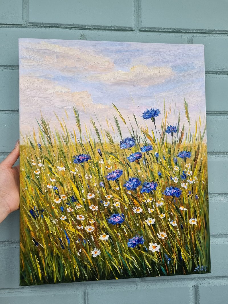 Flowers artwork original oil painting cornflower impasto wall art - 墙贴/壁贴 - 棉．麻 绿色
