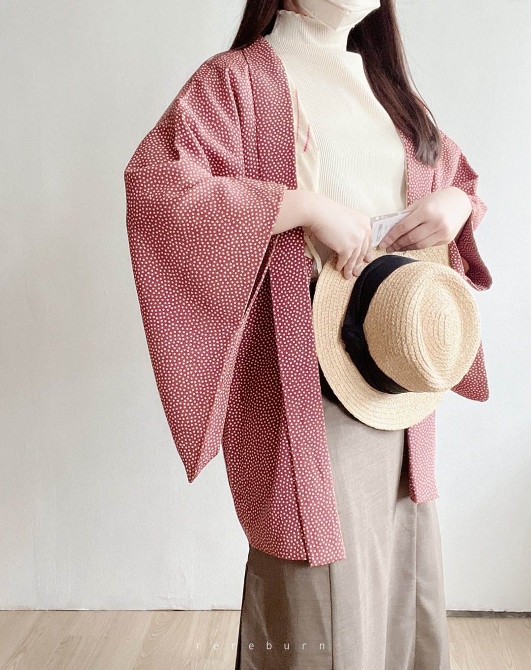 日本制和风圆点点印花红色薄款古着羽织和服外套 - 女装休闲/机能外套 - 聚酯纤维 红色