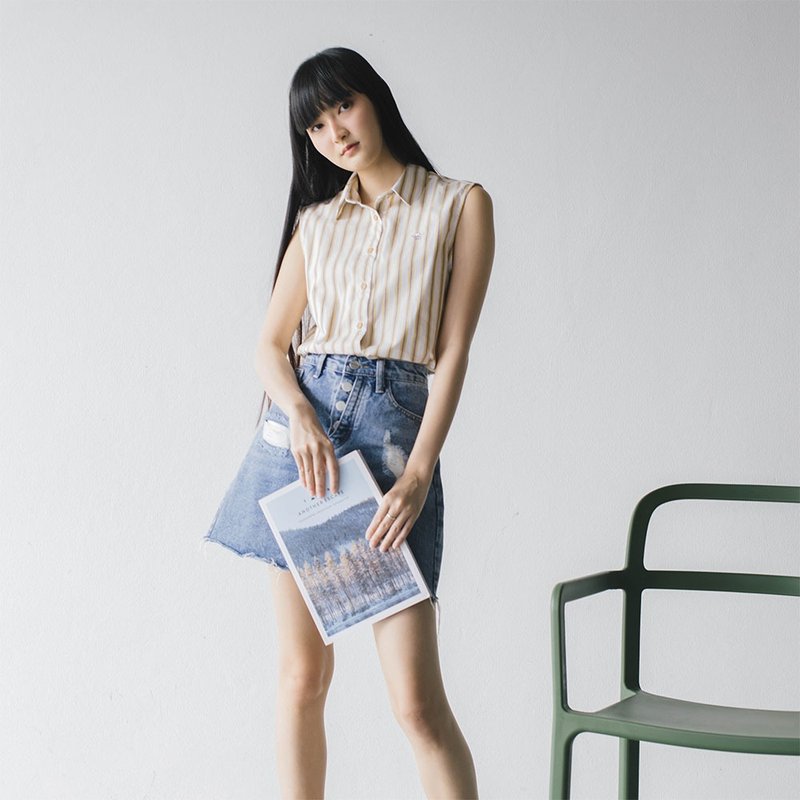 (SOLD) SHIP // yellow stripe // women sleeveless - 女装背心 - 棉．麻 黄色