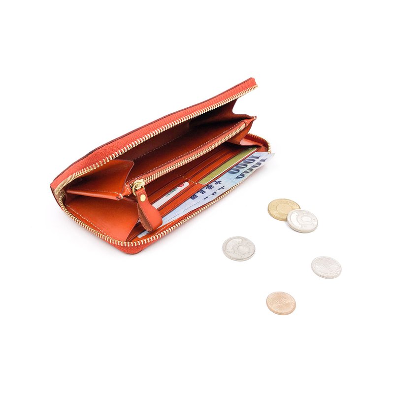 手工植鞣皮革-U型拉链长夹 leather wallet - 皮夹/钱包 - 真皮 橘色