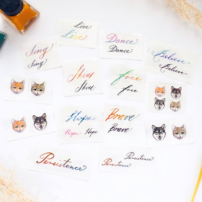英文书法刺青文字纹身贴纸水彩黄猫柴犬相信梦想彩虹勇敢坚持语录 - 纹身贴 - 纸 多色