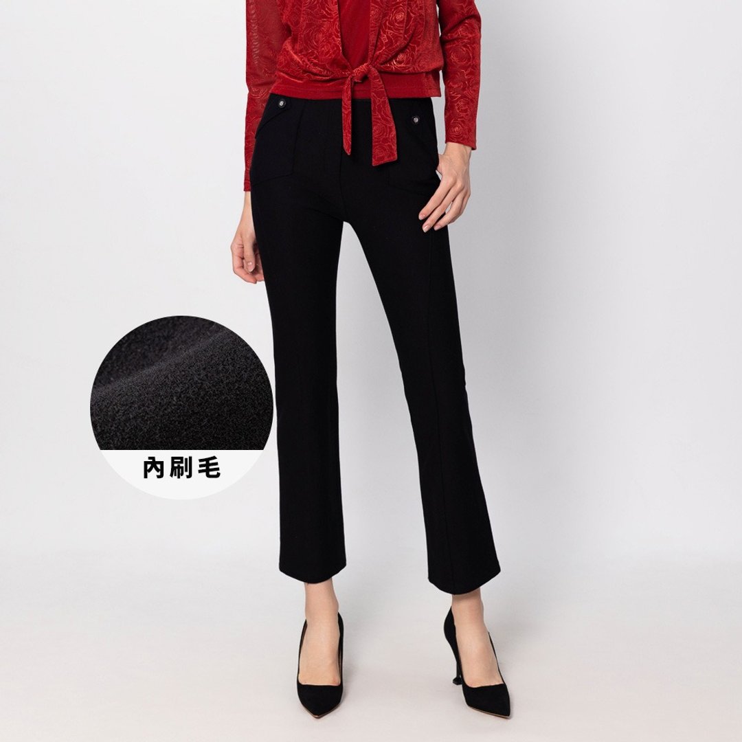 【MEDUSA】MW刺绣松紧刷毛切接长裤(M-XL) | 女长裤 刷毛长裤 - 女装长裤 - 其他人造纤维 黑色