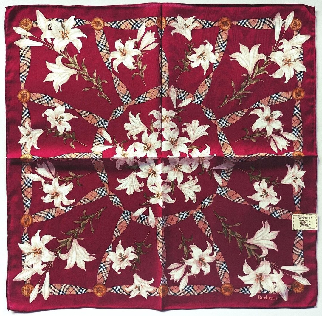 Burberry 古董手帕，饰有百合花与圆形框架印花，尺寸 21 x 21 英寸 - 手帕/方巾 - 棉 红色
