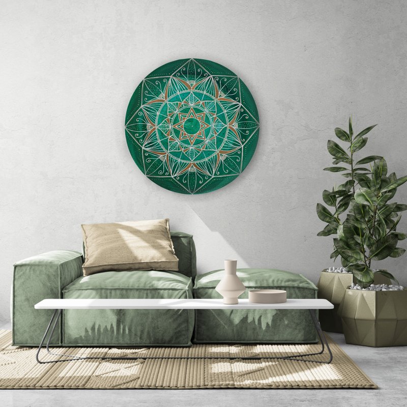 Green flower mandala painting, Minimalist wall decor, Sacred geometry wall art - 墙贴/壁贴 - 压克力 绿色