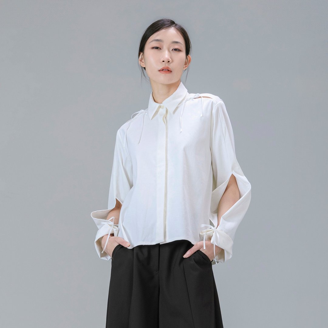 镂空绑带衬衫 - 女装衬衫 - 棉 白色
