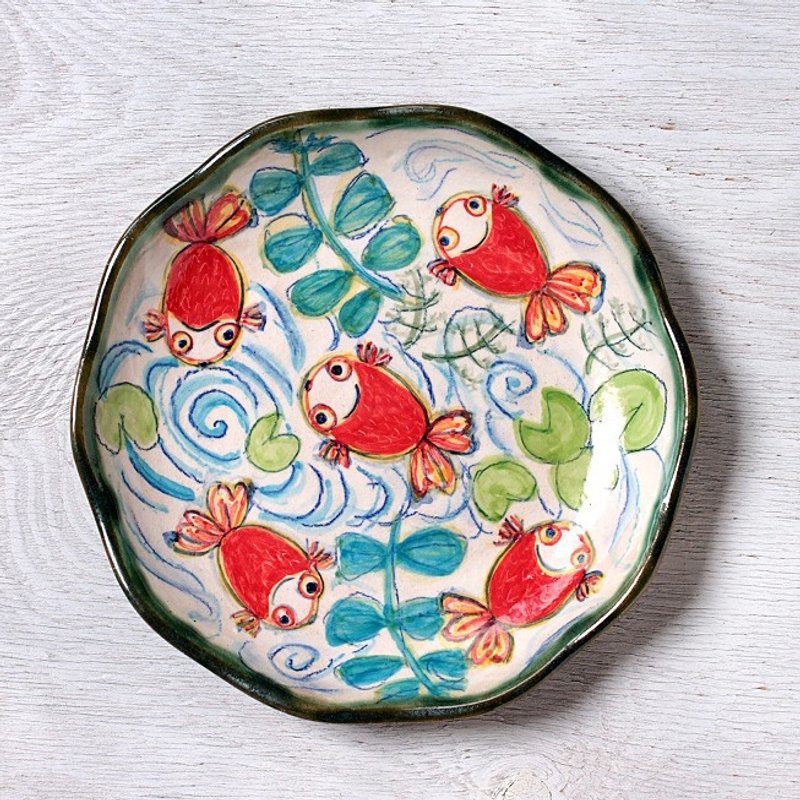 赤い金魚絵の菊皿 - 浅碟/小碟子 - 陶 红色