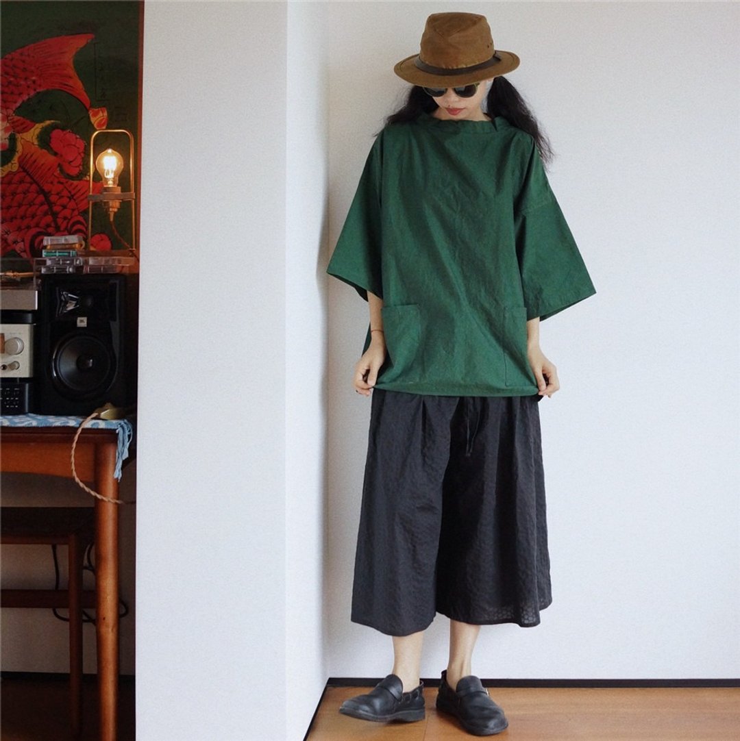 綠色 Fisherman Smock 七分袖寬松文藝漁夫罩衣 夏日百搭短袖罩衫 - 女装上衣 - 棉 绿色