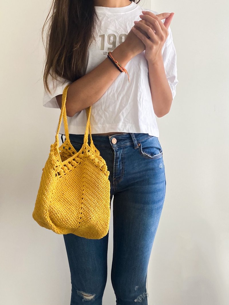 编织爆米花包, 编织包, 针织包, 编织图案包 - 手提包/手提袋 - 棉．麻 黄色