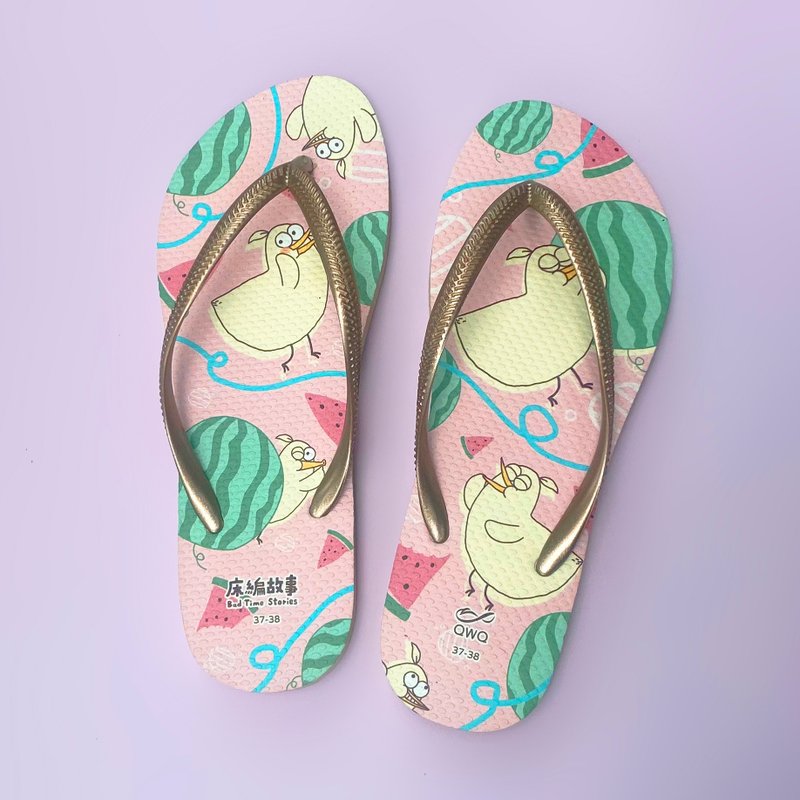 女款防滑夹脚拖鞋-床编故事联名人字拖鞋-小鸡汁西瓜之梦- - 拖鞋 - 橡胶 多色