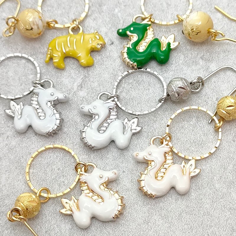 白龙・緑龙と虎 - 耳环/耳夹 - 铜/黄铜 白色