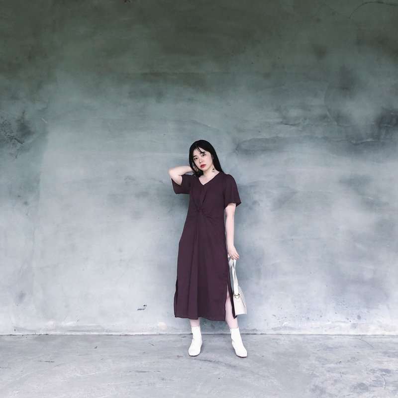 儒雅黛紫纽结洋装 - 洋装/连衣裙 - 棉．麻 紫色