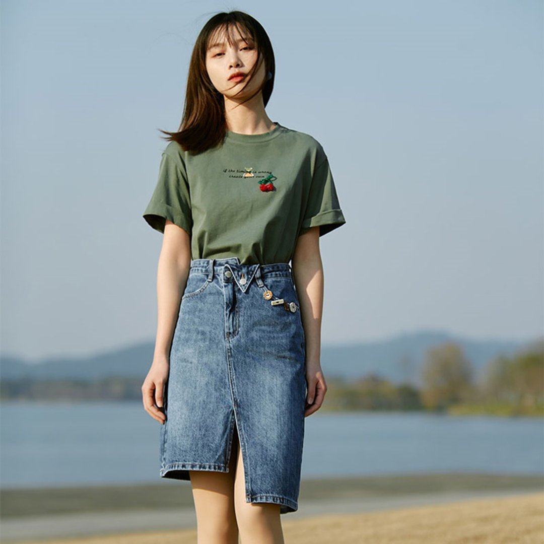 安妮陈背后小心机 含棉复古灰绿樱桃T恤 - 女装上衣 - 其他材质 绿色