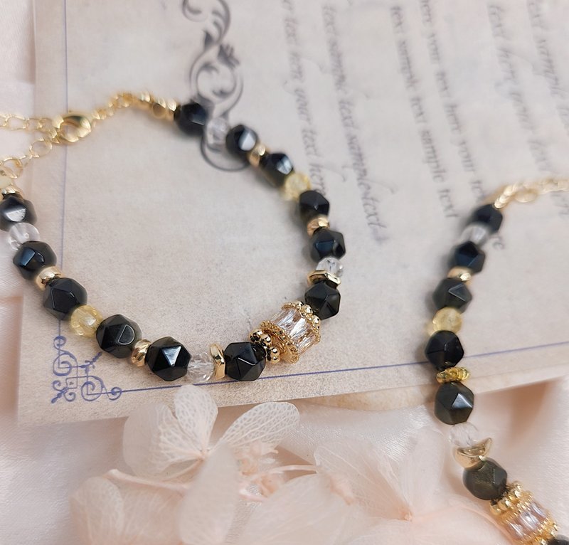 宁静璀璨【黑】-金曜石 黄水晶│拥有太阳能量的半宝石水晶手链 - 手链/手环 - 半宝石 黑色