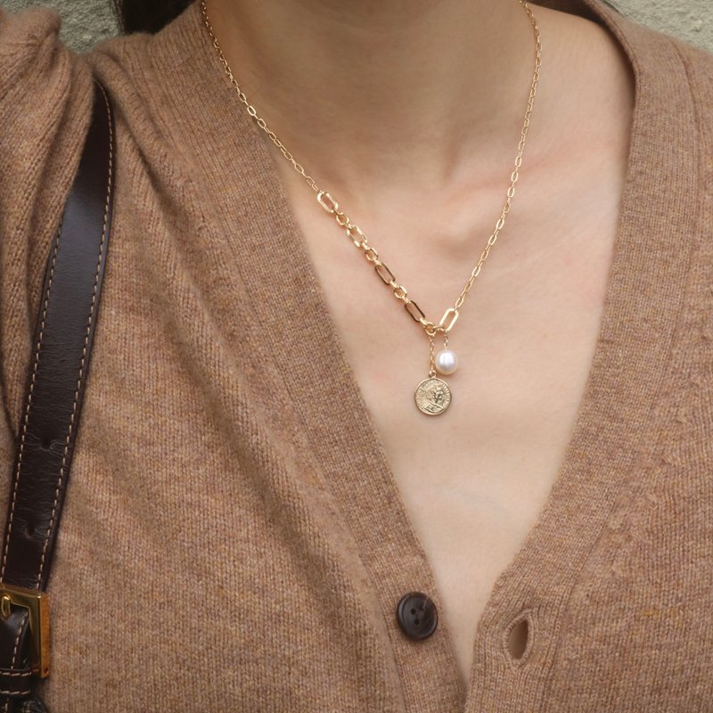 Trail 淡水珍珠金币项链・珍珠项链・日常饰品・欧美 - 项链 - 珍珠 金色