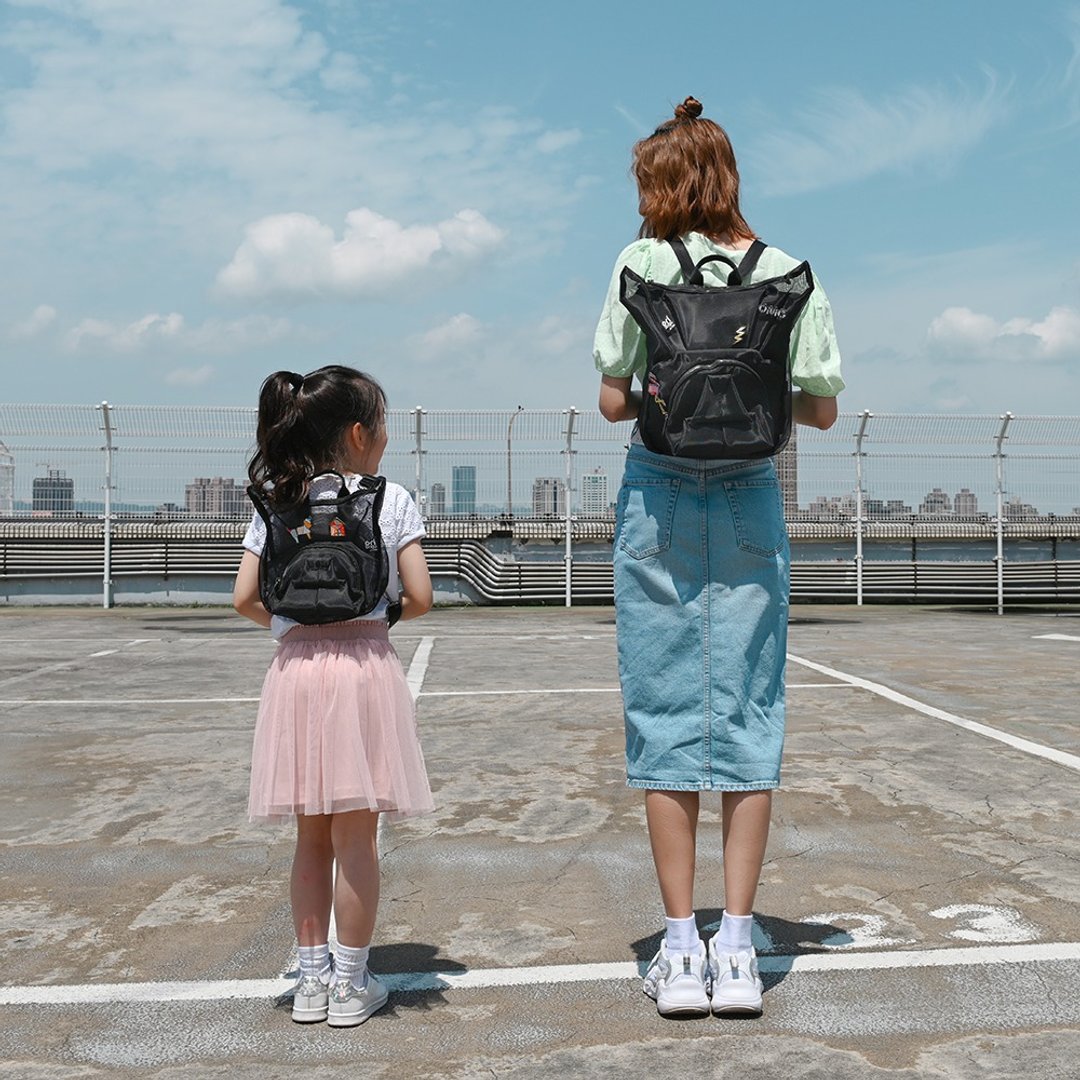 [Pinkoi limited summer lucky bag] Black bulldog mesh bag Parent-child 2-piece set - 侧背包/斜挎包 - 其他人造纤维 黑色