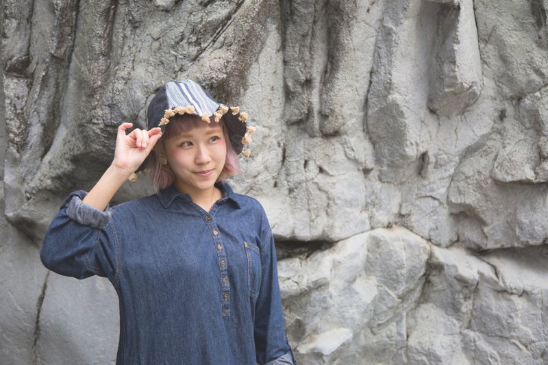 yatude_丹宁条纹双面花瓣帽《limited edition》 - 帽子 - 其他材质 蓝色