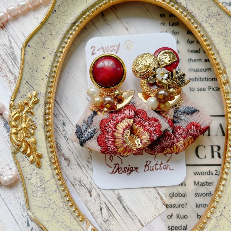 wow Handmade-红色序曲 刺绣缎带 2way钮扣耳环 - 耳环/耳夹 - 其他材质 