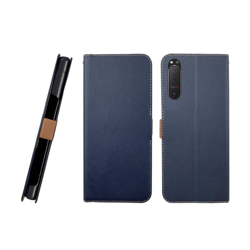 CASE SHOP SONY Xperia5 II专用经典皮革侧立式皮套加送3.5mm耳机 - 手机壳/手机套 - 人造皮革 蓝色