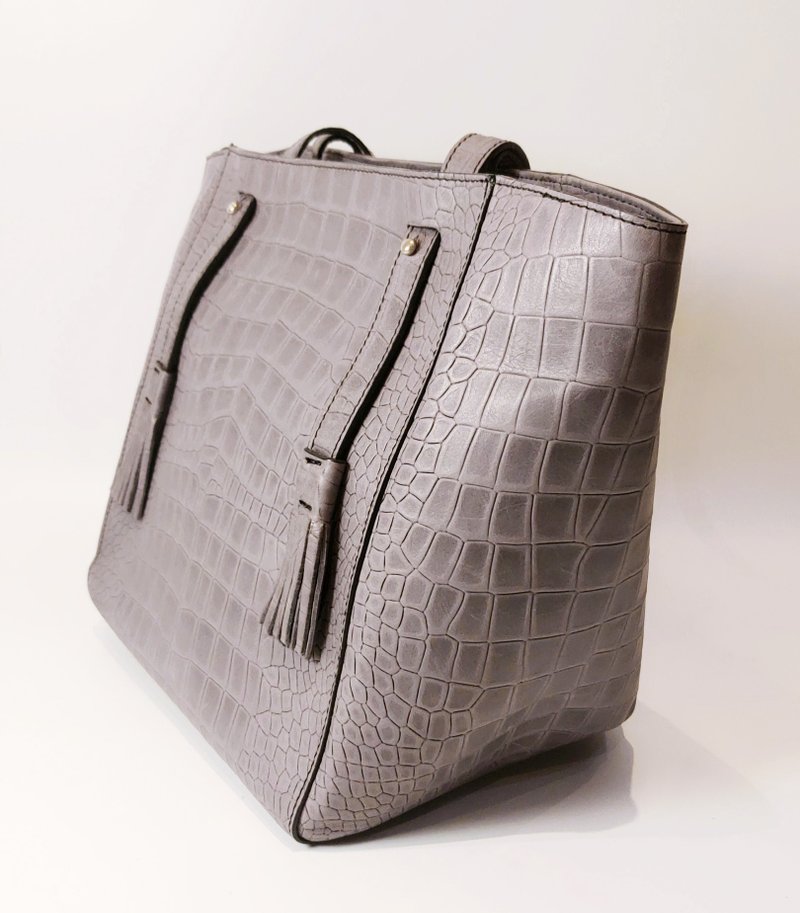意大利真皮鳄鱼皮压纹浅灰手提包 - 手提包/手提袋 - 真皮 灰色